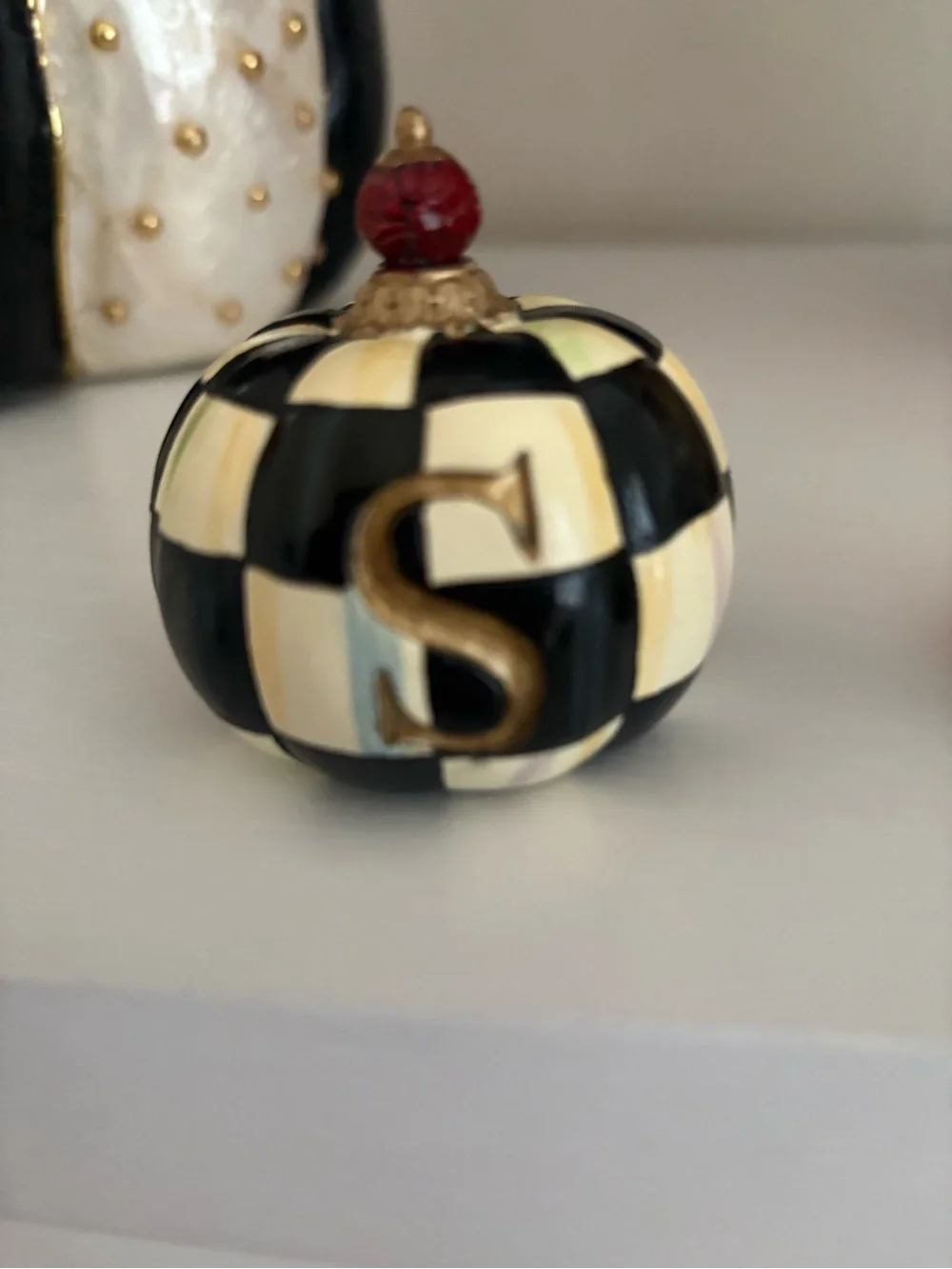 Mackenzie Childs spooky pumpkins black white checked striped euc box is included
